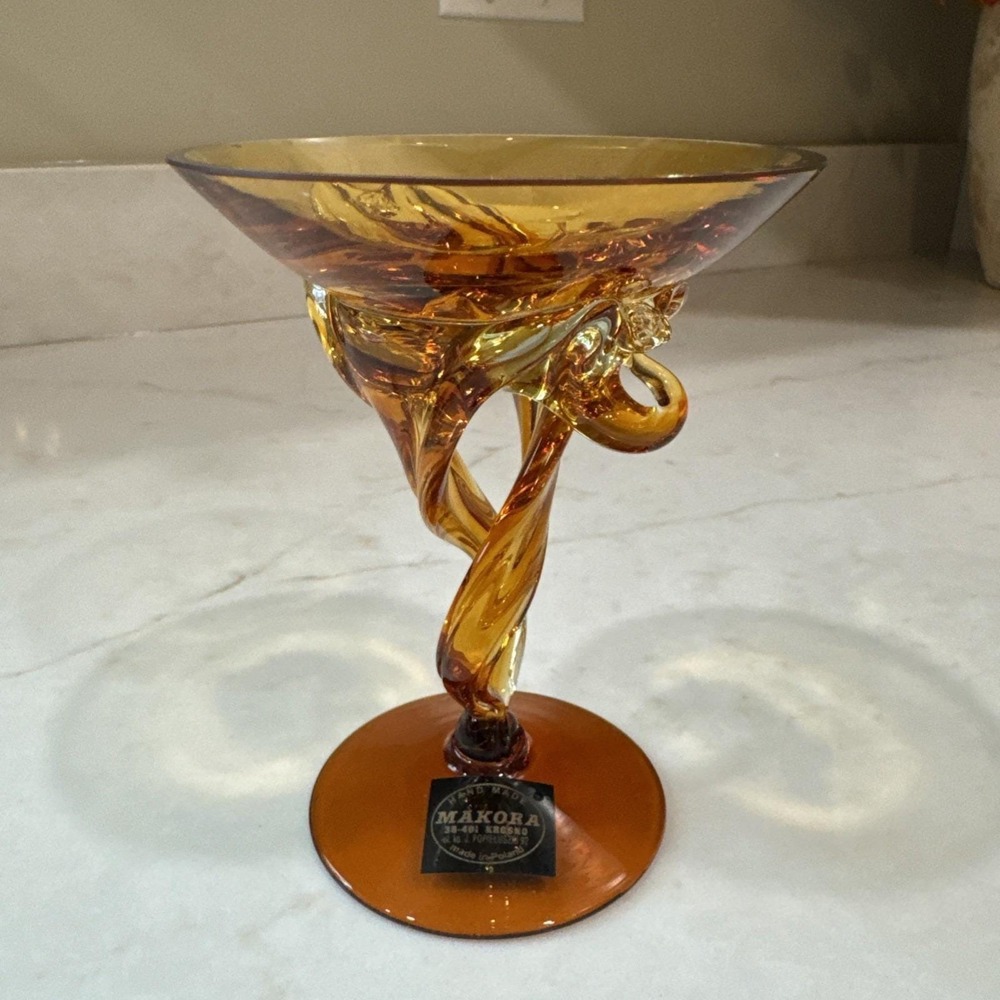 Makora Krosno Poland Amber Blown Art Glass Sculpture Jellyfish Pedestal Bowl MCM